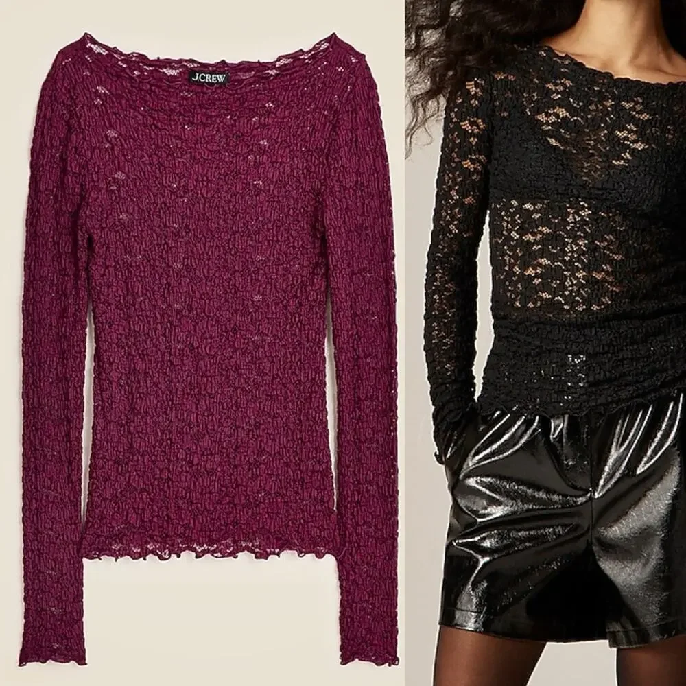 J.Crew Lace boatneck top Vivid Mulberry Purple Party Holiday Sheer floral NWT M